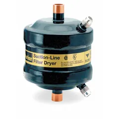 Steel shell filter drier for HFC refrigerant systems. Designed for 23-ton systems with a 7.7-inch length and 1 1/8-inch female sweat connection. Removes moisture, acid, and contaminants to protect system components.