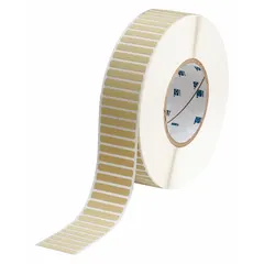 Polyimide precut label roll measuring 1 45/64 in x 1/4 in per label, supplied on a 1/4 in x 1 1/2 in roll. Features permanent adhesive and is compatible with the i7100 printer series. Suitable for industrial identification in high-temperature environments, such as circuit board and component labeling.