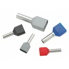 Insulated ferrule for terminating two stranded wires into terminal blocks. Gray polypropylene sleeve, 0.15 in ferrule diameter, accepts up to 12 AWG wire. Used in control panels and electrical assemblies.
