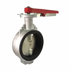 This 4-inch wafer-style butterfly valve features an aluminum body and EPDM seal, with a lever handle for manual operation. Rated for 30 psi CWP, it is suited for dry bulk transport applications such as pneumatic conveying systems for powders, granules, and pellets.