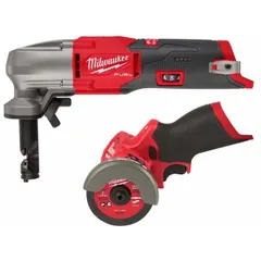 This kit includes two M12™ 12V DC cordless tools: a cut-off tool (2476-20) and a nibbler (2522-20), supplied as tool only. The cut-off tool is used for cutting metal, while the nibbler is designed for cutting sheet metal, ductwork, and roofing materials. Both tools operate on the M12™ battery platform.