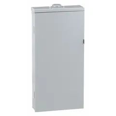 100A main circuit breaker load center for 3-phase power distribution at 208Y/120/240V AC. Rated 22kA short-circuit current, with 27 spaces and no tandem breaker capacity. Includes surface cover for outdoor installation. Suitable for commercial or industrial applications requiring a main breaker panel.