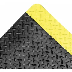This antifatigue mat measures 4 ft by 75 ft with a 3/4 in thickness. It is constructed from nitrile rubber over PVC foam with an anti-slip backing, and features a black surface with a yellow border. Suitable for industrial environments where standing fatigue reduction is needed, such as machining, assembly, and welding areas.