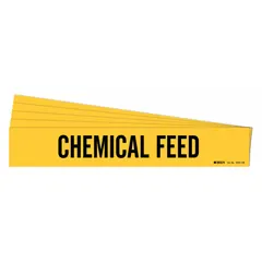 Yellow adhesive pipe marker with black legend reading 'Chemical Feed' for identifying piping that carries chemical feed substances. Fits pipe outer diameters of 8 inches and larger. Pack of 5 markers without arrows. Suitable for industrial facility piping identification.