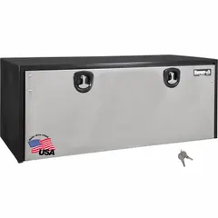 This single drop-down door box from BUYERS PRODUCTS features a gloss black finish and a keyed lock for security. Designed for underbody mounting on trucks, it provides weather-resistant storage for tools and equipment in service and utility vehicles.