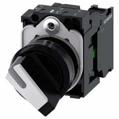 SIEMENS Selector Switch: 22 mm Panel Mounting Size, 2 Positions, Short Lever, 1NO, Non-Metallic (MPN 3SU1100-2BF60-1BA0). Key specifications — AC Contact Rating: 10 A @ 600 V; Action: Maintained/Maintained; Cam: No Cam Included; DC Contact Rating: 1 A @ 600 V; Hazardous Location Specification: Not Rated; Operator Head Material: Plastic; Operator Head Type: Short-Handled Knob; Operator Illumination: Illuminated.