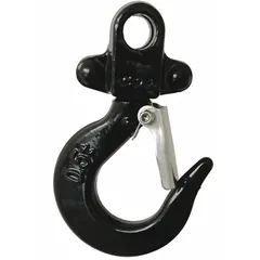 This top hook assembly is a replacement component for manual chain hoists. It includes a safety latch and is compatible with hoists rated for 1,000 lb load capacity. Used in industrial lifting and material handling applications for hoist repair or replacement.