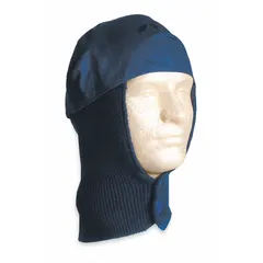 This reusable hard hat liner is made of blue cotton and provides coverage for the ears, head, and neck. It features button adjustment and closure, hook-and-loop attachment, and extended neck coverage. Suitable for use under hard hats in cold environments.