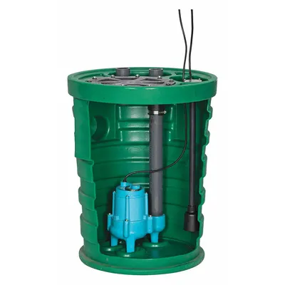 LITTLE GIANT Sewage Ejector System: Plastic, 2/5 hp, 120V AC, 70 gpm @ 10' of Head - Simplex Sewage Grinder Pump Packages