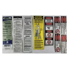 Replacement label kit for Louisville Ladder models AM1112HD and compatible units. Restores safety and identification markings on industrial ladders for maintenance and compliance with workplace labeling requirements.