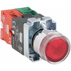 This momentary-action illuminated push button features an extended metallic profile for enhanced visibility and actuation in industrial control panels. Designed for a 22 mm panel cutout, it offers 1NO/1NC contact configuration with pressure plate terminal connections. Suitable for machine control, panel signaling, and operator interface applications.
