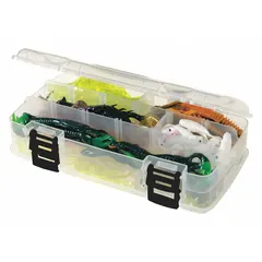 This clear plastic compartmented box from PLANO MOLDING provides 23 compartments and 10 adjustable dividers for organizing small parts such as fasteners, fittings, and components. The transparent lid allows quick identification of contents. Suitable for workshop, assembly, and maintenance storage applications.