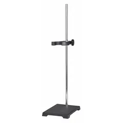 This lab support stand with rod includes a rectangular cast iron base and a 1/2 in diameter rod with a 9 in overall length. Construction combines cast iron, stainless steel, and zinc plated steel. It is used to securely hold ultrasonic probes or other laboratory equipment during processing.