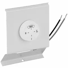 This unit mount thermostat is designed for controlling electric baseboard heaters. It features a mechanical selector dial for adjusting temperature from 40° to 100°F. Suitable for 120/208/240/277V AC systems with a single pole. White housing.