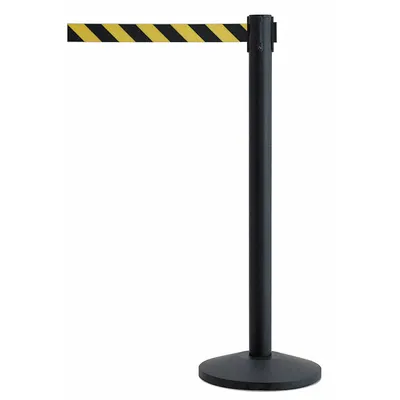 QUEUEWAY Barrier Post with Belt: Black/Yellow, Chevron, No Legend, 7 1/2 ft Belt Lg - Pattern Retractable Belt Post Barriers