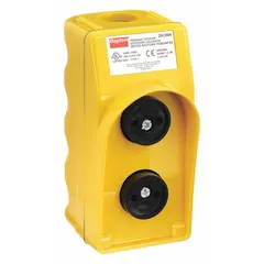 Plastic-enclosed pendant with two momentary push buttons configured as 2NO/2NC. Rated 10 A at 600 V AC and 5 A at 600 V DC. NEMA 1/3/3R/4/4X rated for indoor and outdoor use. Suitable for remote control of cranes, hoists, and conveyors.