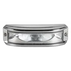 Rectangular white LED perimeter warning light with black bezel. Operates on 12/24V DC and offers 12 selectable flash patterns. Features a pigtail electrical connection and screw mount. SAE Class 1 rated for use on emergency, utility, or construction vehicles.