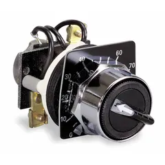 Panel-mount potentiometer with a maximum resistance rating of 1,000 ohm and an included dial plate. Suitable for manual adjustment of resistance in industrial control circuits, such as speed controls, temperature settings, and position feedback on machinery.