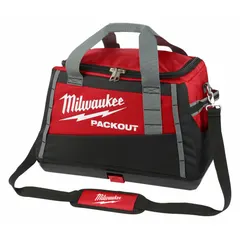 Nylon tool bag in red with wide-mouth opening. Measures 20 7/8 in W x 12 3/8 in D x 4 in H and includes six inside pockets and a removable shoulder strap. Suitable for carrying and organizing hand tools, power tools, and accessories on job sites.