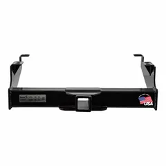 This Class V hitch receiver is designed for Ford F350-650 Cab vehicles. It is constructed from powder-coated carbon steel and has a gross trailer weight capacity of 22,000 lb and a tongue weight capacity of 22,000 lb. Installation is at the back of the vehicle and requires drilling. Suitable for heavy-duty towing of large trailers, equipment, or machinery in industrial and commercial applications.