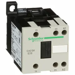 DIN-rail or surface-mount control relay with 2 normally open contacts rated at 10 A. Coil voltage is 120 V AC. Suitable for switching loads in industrial control panels, motor control centers, and automation systems.