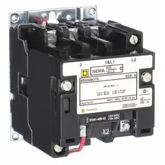 This SQUARE D NEMA magnetic contactor is a non-reversing, 2-pole device rated NEMA Size 0, 18 A, with a 120V AC coil. It is used for switching electrical loads such as motors, heaters, and lighting in industrial motor control applications.