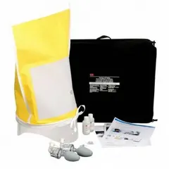 Complete respirator fit test system for use with any particulate respirator. Includes 3M Universal Fitting Instruction Video, Administrative Respiratory Protection Guide, all 3M Respirator Fitting Posters, all FT-10 materials, and a black plastic case with inside hinge straps and wide top pocket. Uses Saccharin fit testing protocol.
