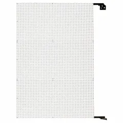 This round-hole pegboard panel is constructed from steel and HDF with a white powder-coated finish. It measures 72 inches by 48 inches by 1 1/2 inches, features 1/4 inch round peg holes, and includes wall brackets for mounting. Suitable for organizing tools and equipment in workshops, garages, and industrial facilities.