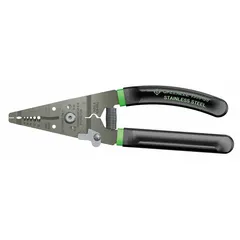 Stainless-steel multifunction wire stripper for 18 AWG to 10 AWG solid wire. Combines crimping, cutting, and screw shearing for bolts 8 to 32. Overall length 7-1/2 in with standard cushion grip. Suitable for electrical, maintenance, and industrial tasks.