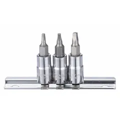 This 25-piece square bit socket set features a 1/4 in drive size and includes five bits covering a tip size range of R0 to R2, SAE. The fixed insert design provides secure engagement with square recess fasteners. Suitable for driving square recess fasteners in maintenance, assembly, and repair tasks.
