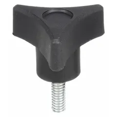 Three-arm knob with threaded stud for manual clamping, positioning, and adjustment on machinery, jigs, and fixtures. Plastic body with steel thread insert, 1.75 in diameter, 1/4"-20 thread size. Provides tool-free grip for frequent adjustments in assembly and material handling.