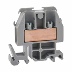 DIN rail mount pass-through block with box lug wire termination. Rated 60 A, accepts minimum 22 AWG wire. Two wire terminals for connecting and distributing power or signals in control panels and electrical enclosures.