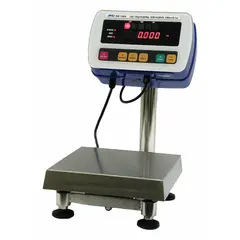 The A&D WEIGHING SW-6KS is a food scale with a 9 3/4-inch square weighing surface, LED display, and readability of 0.002 lb/0.001 kg. Rated IP69K for washdown environments, it withstands high-pressure, high-temperature cleaning. An RS-232C port enables data communication. Suitable for commercial kitchens and food processing areas requiring precise weighing and sanitary conditions.