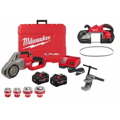 This combination kit includes an M18 FUEL™ pipe threader and portable band saw, both powered by 18 V DC. The tools are designed for on-site cutting and threading of metal pipe and conduit in plumbing, mechanical contracting, and industrial maintenance applications.