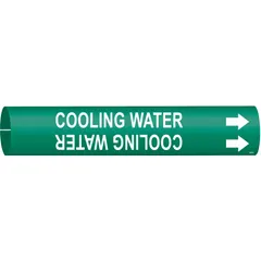Green snap-on pipe marker with white 'Cooling Water' legend and directional arrows. Fits pipe outer diameters from 1-1/2 to 2-3/8 inches. Used to identify cooling water lines in industrial piping systems.