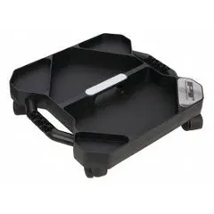 This steel rolling tool caddy in black finish measures 17 1/8 inches long, 15 3/4 inches wide, and 4 3/4 inches high. It is used in fleet and vehicle maintenance to organize and transport tools around a shop floor, providing a sturdy rolling platform for easy maneuverability in tight spaces.