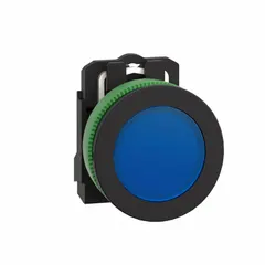 SCHNEIDER XB5FVB6 is a blue LED pilot light from the XB5 series, designed for 30 mm panel mounting. It provides visual indication of machine status or process conditions in industrial control panels. This unit does not include a push-to-test feature.