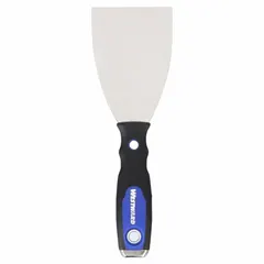 This putty knife features a stainless steel blade for corrosion resistance and a handle constructed from polypropylene, TPR, and steel with full tang design. It is used for applying and smoothing putty, filler, or adhesive in construction and maintenance tasks.