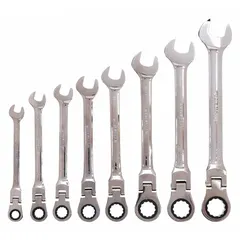 Chrome-finished alloy steel wrench set with 12-point ratcheting box ends. Includes 8 tools covering head sizes from 5/16 in to 3/4 in. Suitable for tightening and loosening fasteners in general maintenance and repair tasks.