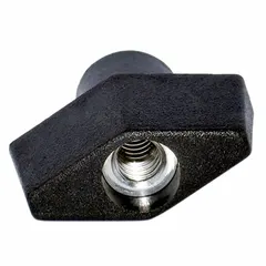 T-handle knob with a threaded through-hole, made of steel with a zinc finish. Features a 50 mm diameter and M8 thread. Used for manual clamping, positioning, and adjustment on machinery and fixtures.