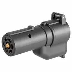 7-way blade connector for trailer wiring systems. Diameter of 3 1/2 inches, overall length of 5 1/4 inches. Used to connect trailer lighting and auxiliary power in towing applications.