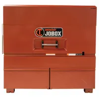 This piano-style jobsite box provides 20 cu ft of storage capacity for tools and equipment. It measures 30 3/4 in W x 60 in D x 56 3/4 in H and is finished in brown. The unit features a padlock hasp for securing contents; lock not included. Suitable for construction sites, workshops, and industrial facilities