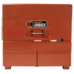 This piano-style jobsite box provides 20 cu ft of storage capacity for tools and equipment. It measures 30 3/4 in W x 60 in D x 56 3/4 in H and is finished in brown. The unit features a padlock hasp for securing contents; lock not included. Suitable for construction sites, workshops, and industrial facilities.