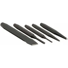 This 10-piece drive pin punch set includes tip diameters of 1/4 in, 1/8 in, 3/16 in, 3/32 in, 5/32 in, and 7/32 in, plus a center punch. Made of steel and SAE-compliant, it is used for driving out pins, dowels, and fasteners in metalworking and maintenance tasks.