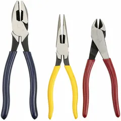 This general-purpose pliers set includes three manual pliers with standard cushion grips, covering a pliers range of 2 to 5. The set contains an 8-inch needle nose plier and a diagonal plier, suitable for cutting, gripping, and bending tasks in maintenance and assembly work.