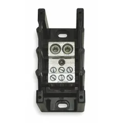 Open block with lugs for surface mounting. Accepts line-side wire sizes from 14 AWG to 2/0 AWG. Constructed of aluminum. Used to distribute power from a single input to multiple outputs in industrial control panels and machinery.