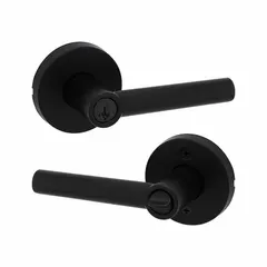 This KWIKSET office lever lockset is designed for interior commercial doors requiring ADA-compliant operation. It features a rose design with no message function and is constructed from black painted zinc. Suitable for standard office or facility access applications.