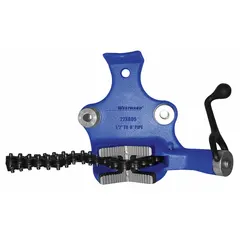 This bench chain vise is designed for clamping and bending metal pipe. It accommodates pipe sizes from 0.5 in to 8 in diameter and features a fixed height of 5 in. Constructed of metal, it is suitable for holding pipe during cutting, threading, or bending operations in workshop environments.