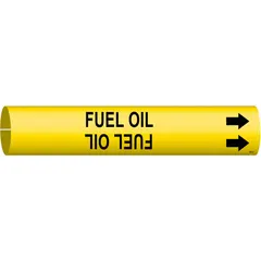 Yellow snap-on pipe marker with black 'Fuel Oil' legend and directional arrows. Fits pipe outer diameters from 1-1/2 to 2-3/8 inches. Used to identify fuel oil piping in industrial and commercial facilities, aiding in safety and compliance with pipe-marking standards.