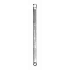 This double-end box end wrench features 12-point openings for 13 mm and 15 mm fasteners. The offset design provides clearance over obstructions, making it suitable for tightening or loosening hex nuts and bolts in confined spaces. Constructed from alloy steel with a satin finish, it has an overall length of 9 1/2 inches.